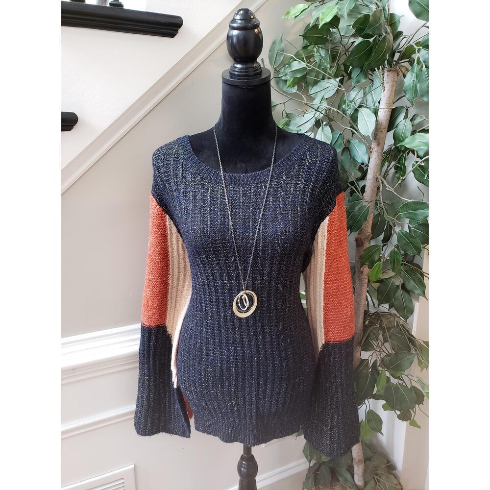 ADORA Sweater Women's SM Navy Orange Ribbed Acrylic Knit Long Sleeve Round Neck
